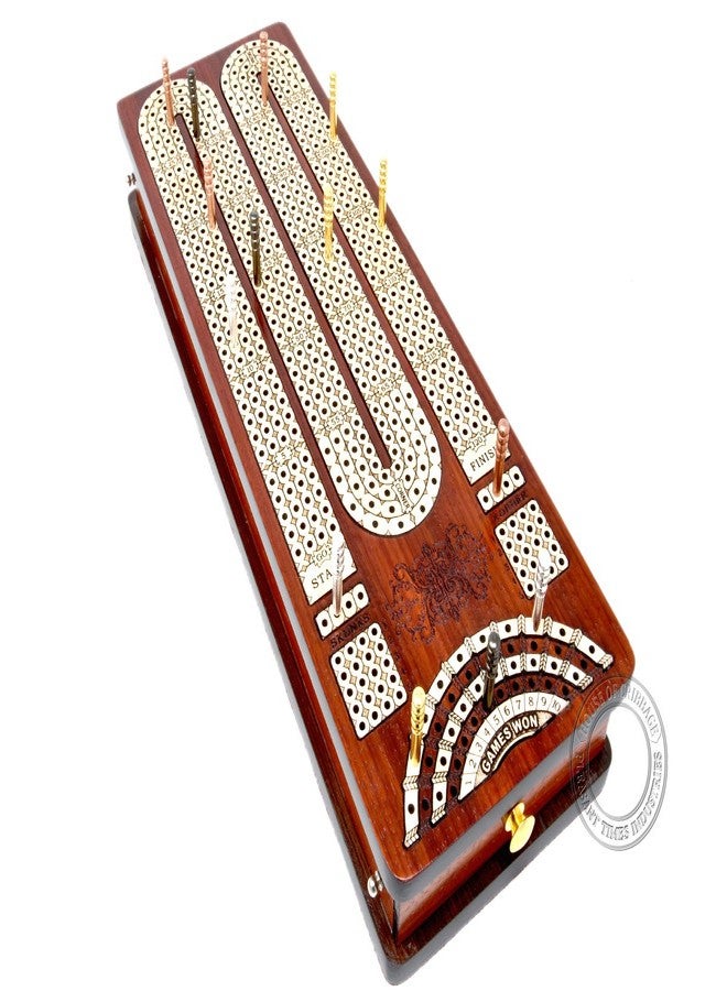 House of Cribbage Continuous Cribbage Board Bloodwood/Maple and Side Pull Drawers - 4 Tracks with Place to Mark Won Games - House of Cribbage - Image 2